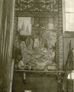 My dad Eugene sitting on his scaffolding painting one of his church murals.